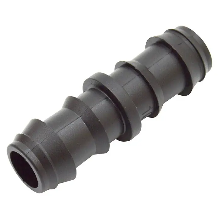 Conector para tubo de goteo - 16 mm, 10 ud. - Conector de manguera de plástico negro con diseño acanalado, ideal para conexiones seguras en sistemas de riego u otras aplicaciones.