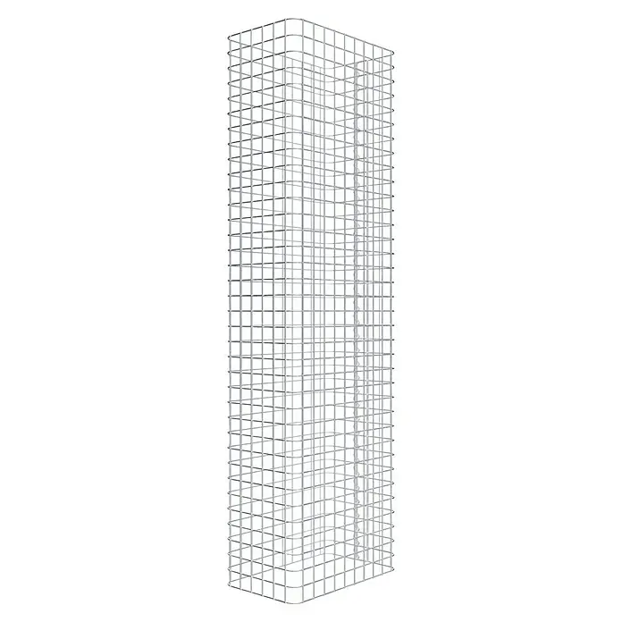 Gabiona Gabione - 52 x 32 x 180 cm, Stahl, Maschenbreite: 50 mm, Maschenhöhe: 50 mm - Das Bild zeigt ein rechteckiges Gitter aus grauem Metall, das eine moderne und minimalistische Ästhetik verleiht. Die Struktur ist gleichmäßig und präzise gefertigt.