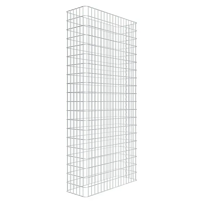 Gabiona Gabione - L x B x H: 92 x 27 x 200 cm, Stahl, Maschenbreite: 50 mm, Maschenhöhe: 100 mm - Ein dreidimensionales Gittermuster, vermutlich ein Regal oder eine Trennwand, dominiert das Bild. Die Struktur besteht aus sich kreuzenden, silberfarbenen Stäben.