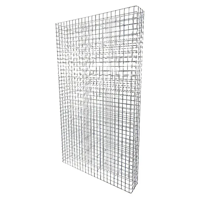 Gabiona Gabione - 117 x 22 x 200 cm, Stahl, Maschenbreite: 50 mm, Maschenhöhe: 50 mm - Nahaufnahme eines silbernen Gitterkorbs, dessen Struktur ein raffiniertes Muster aus Quadraten bildet.