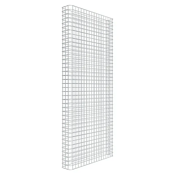 Gabiona Gabione - 87 x 17 x 200 cm, Stahl, Maschenbreite: 50 mm, Maschenhöhe: 50 mm - Eine silberne Metallstruktur mit vielen kleinen Quadraten, die ein offenes Gitter bilden. Das Gitter ist vertikal ausgerichtet.