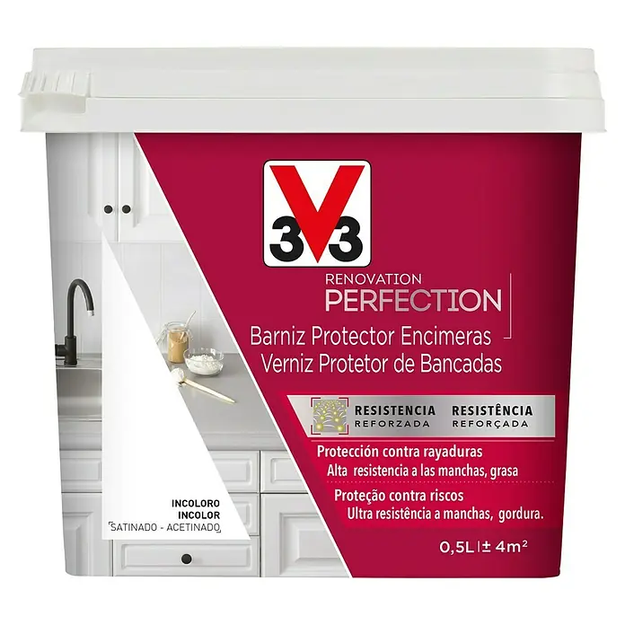V33 Barniz transparente Encimeras - Transparente, 500 ml, Satinado - Bote de barniz protector de encimeras 3V3 Renovation Perfection, incoloro, para superficies resistentes y duraderas.