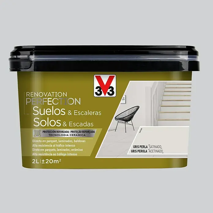 V33 Esmalte de color Renovation Perfection suelos de cerámica - Gris perla, Satinado, 2 l - Bote de pintura de renovación para suelos y escaleras, Gris Perla, acabado satinado/mate. Ideal para parqué, laminado y baldosas.