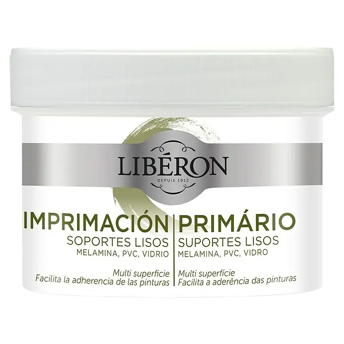 Libéron Imprimación soportes lisos - Incoloro, 250 ml, Mate - Imagen de una imprimación de adherencia LIBÉRON para superficies lisas, apta para melamina, PVC y vidrio, para promover la adhesión de la pintura.