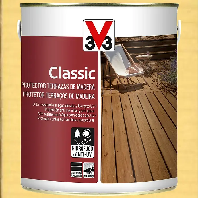 V33 Protección para madera Terrazas - Incoloro, 1 l, Mate - Bote de protector de terrazas de madera Classic 3V3, para alta resistencia al agua clorada, rayos UV, manchas y grasa.