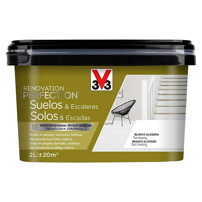 V33 Esmalte de color Renovation Perfection suelos de cerámica - Blanco algodón, Satinado, 2 l - Imagen de un cubo de pintura V33 Renovation Perfection para suelos y escaleras, ideal para tecnología cerámica blanca algodón resistente.