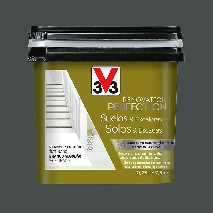 V33 Esmalte de color Renovation Perfection suelos de cerámica - Negro asfalto, Satinado, 750 ml - Un envase de pintura de renovación para suelos y escaleras en color Blanco Algodón Satinado.