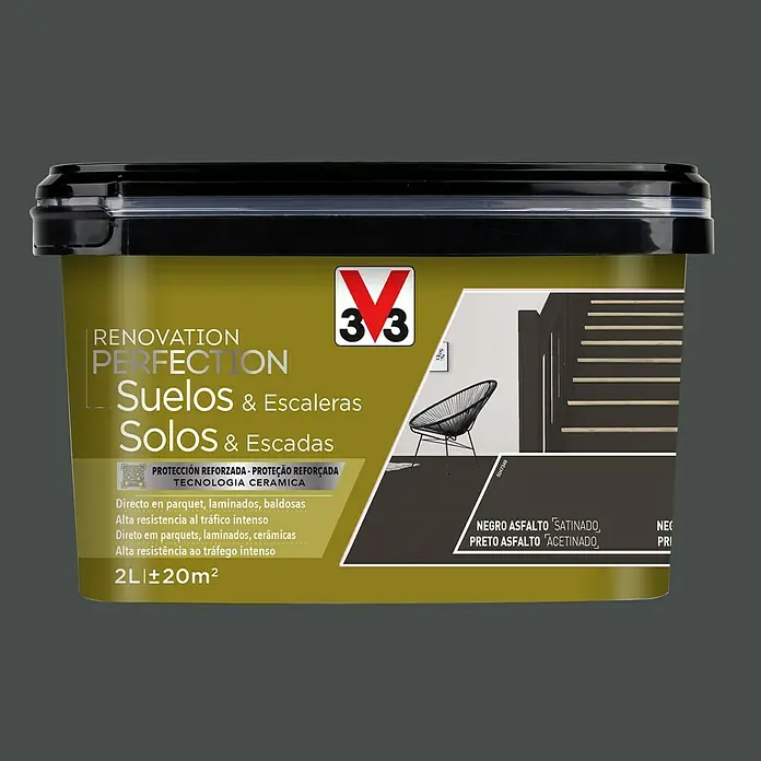 V33 Esmalte de color Renovation Perfection suelos de cerámica - Negro asfalto, Satinado, 2 l - Un envase de pintura para suelos negro asfalto de "Renovation Perfection", ideal para renovar suelos y escaleras.