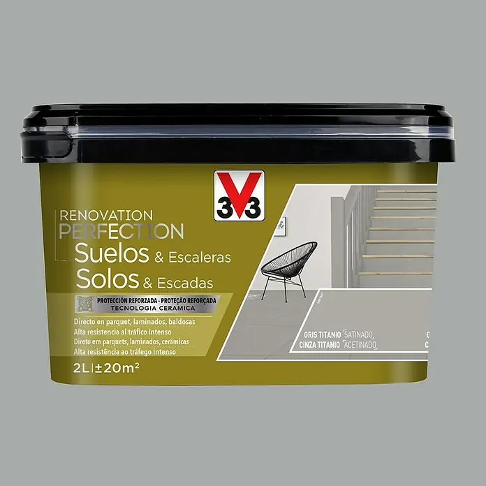 V33 Esmalte de color Renovation Perfection suelos de cerámica - Gris titanio, Satinado, 2 l - Un bote de pintura V33 Renovation Perfection para suelos y escaleras en gris titanio satinado, ideal para parquet y laminados.