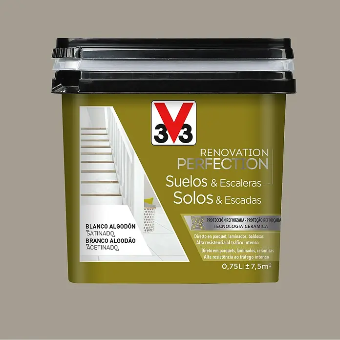 V33 Esmalte de color Renovation Perfection suelos de cerámica - Marrón topo, Satinado, 750 ml - Bote de pintura para suelos y escaleras "Renovation Perfection" en blanco algodón, acabado satinado, para interiores con tecnología cerámica.