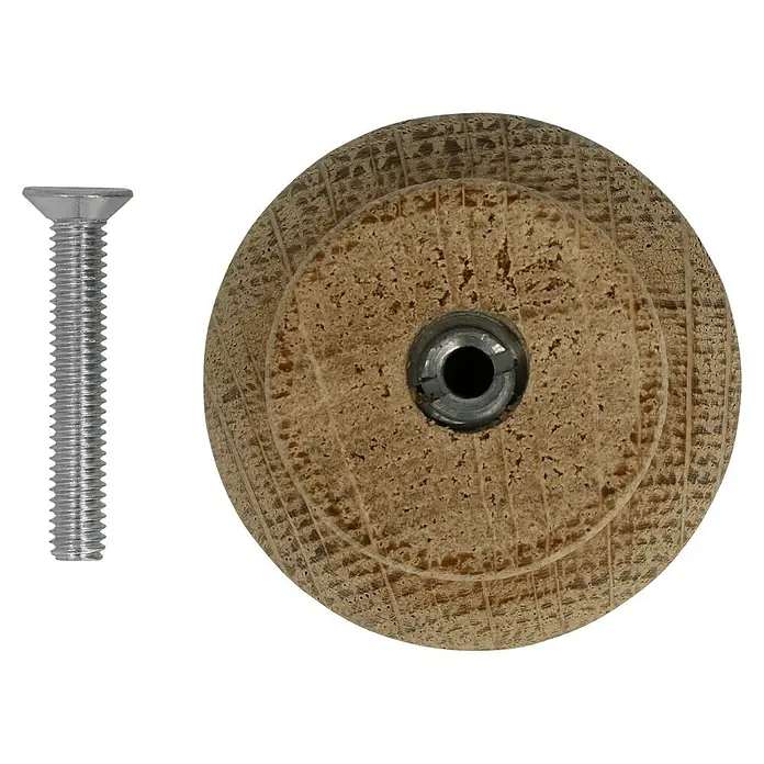 Häfele Pomo para muebles - Tipo de tirador del mueble: Botón, Ø x Al: 37 x 25 mm, Lacado - Un primer plano de un pomo de madera y un tornillo que podrían utilizarse para muebles. El tornillo es de color plateado y el pomo es de color marrón claro.