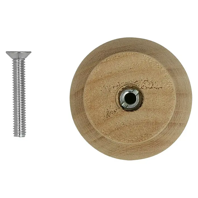 Häfele Pomo para muebles - Tipo de tirador del mueble: Botón, Madera, Lacado, Ø x L: 37 x 25 mm - Primer plano de un pomo de madera con una tuerca de inserción roscada de metal y un tornillo avellanado a juego.