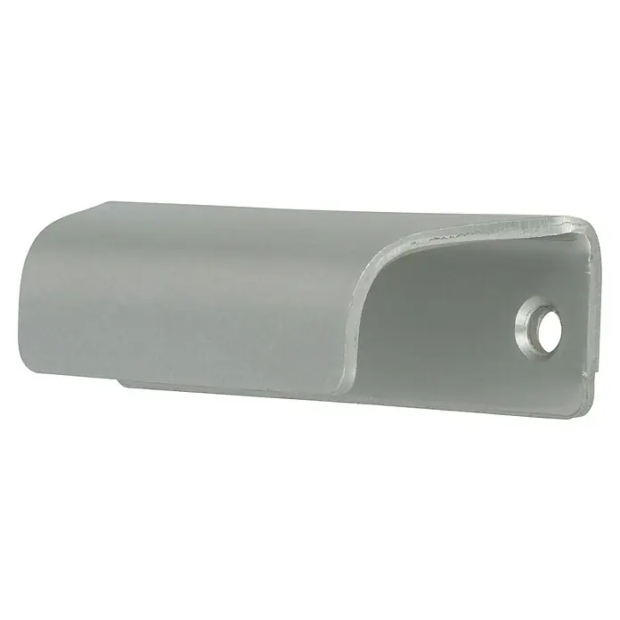 Häfele Tirador para muebles - Aluminio, Largo: 80 mm - Primer plano de un soporte de barra de armario metálico rectangular plateado con bordes redondeados y un orificio para su montaje.