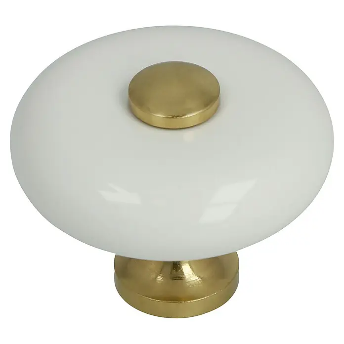 MöbelknopfTyp Möbelgriff: Knopf, Porzellan, Ø x L: 32 x 29 mm - Weißer Möbelknopf mit goldenen Akzenten. Ein elegantes Detail für Schränke und Schubladen.