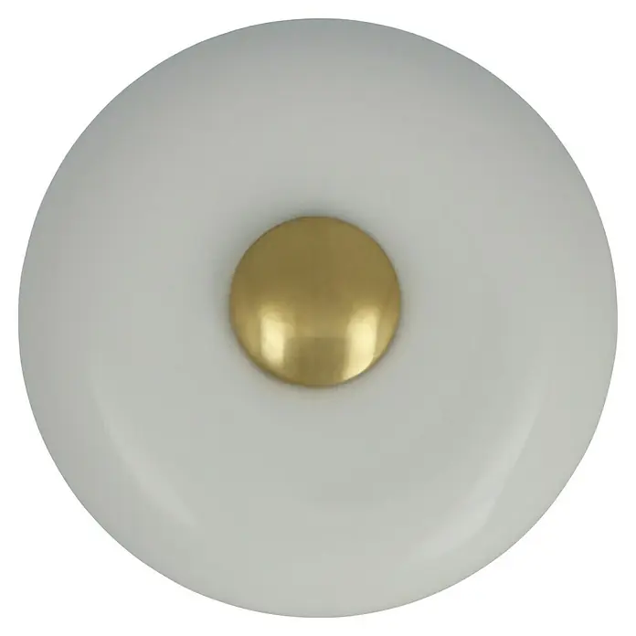 Häfele Pomo para muebles - Tipo de tirador del mueble: Botón, Porcelana, Ø x L: 32 x 29 mm - Primer plano de una lámpara de techo redonda y blanca con un botón dorado en el centro, ideal para diseño moderno.