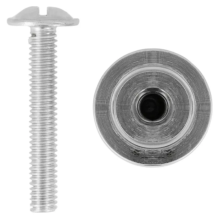 Möbelknopf - Typ Möbelgriff: Knopf, Ø x H: 16 x 20 mm, Verchromt - Nahaufnahme einer Schraube und Unterlegscheibe. Die Schraube hat einen Schlitzkopf und ein Gewinde.