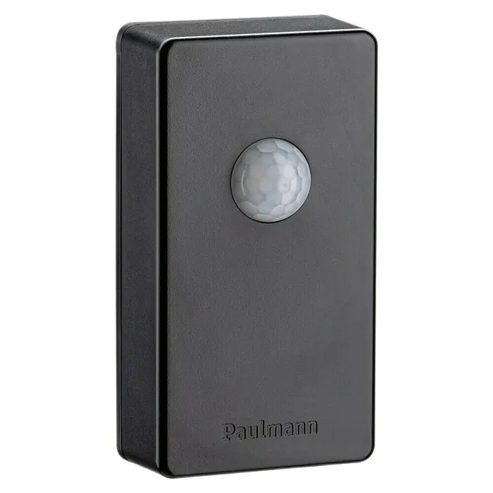 Paulmann Plug & Shine Sensor de movimiento - Antracita - Primer plano de un detector de movimiento negro de Paulmann con lente redonda, ideal para el control automático de la iluminación exterior.