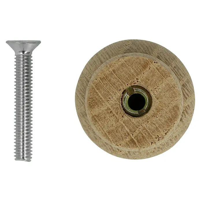 Häfele Pomo para muebles - Tipo de tirador del mueble: Botón, Ø x Al: 25 x 25 mm, Madera - La imagen muestra una cabeza de tornillo plateada y un pomo de madera redondo con un accesorio de metal.