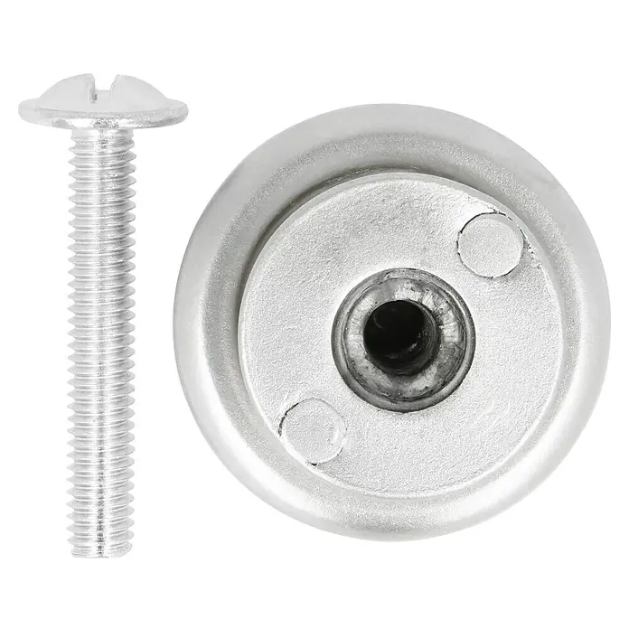 Häfele Pomo para muebles - Tipo de tirador del mueble: Botón, Ø x Al: 25 x 22 mm, Niquelado - Primer plano de un tornillo plateado y un pomo de montaje. Ideal para reparaciones de muebles o proyectos de bricolaje.