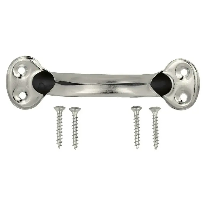 Häfele Tirador para muebles - Tipo de tirador del mueble: Estribo, Distancia entre orificios: 73 mm, Acero, Satinado, Plateado - Un soporte de barra de armario brillante de color plateado con cuatro tornillos a juego para el montaje.