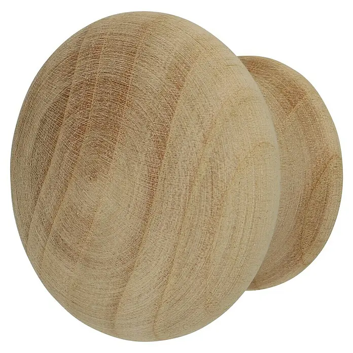 Häfele Pomo para muebles - Tipo de tirador del mueble: Botón, Madera, Lacado, Ø x L: 37 x 25 mm - Primer plano de dos pomos de madera con grano fino sobre un fondo negro, ideal para muebles.