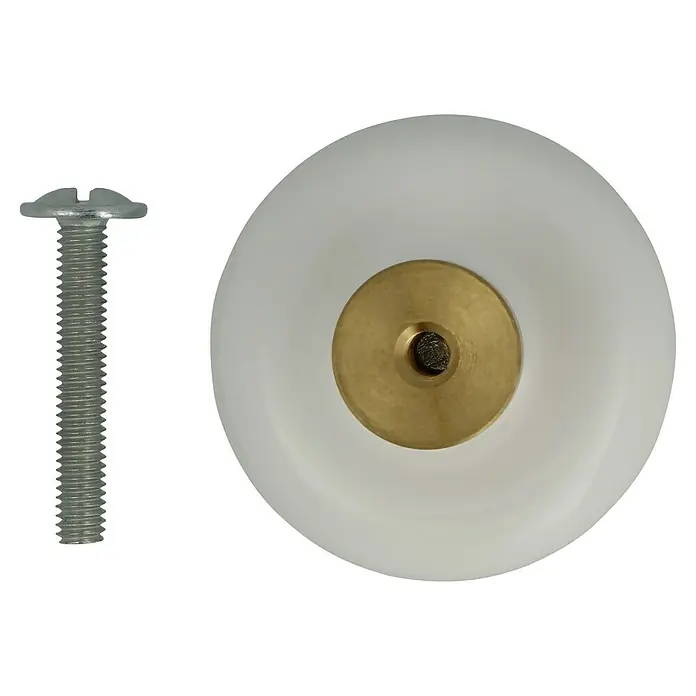 Häfele Pomo para muebles - Tipo de tirador del mueble: Botón, Porcelana, Ø x L: 25 x 29 mm - Primer plano de un tirador de mueble blanco con base de latón y tornillo plateado, perfecto para mejorar armarios y cajones.