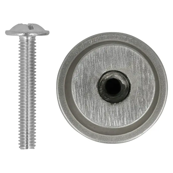 Häfele Möbelknopf - Typ Möbelgriff: Knopf, Ø x H: 25 x 22 mm, Aluminium, Vernickelt - Nahaufnahme eines silberfarbenen Schraube und eines silbernen Gegenstücks.