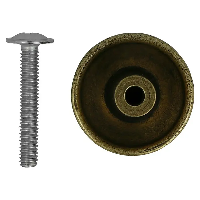 Häfele Tirador para muebles - Tipo de tirador del mueble: Otros, L x An x Al: 85 x 25 x 25 mm, Marrón - Primer plano de un tornillo plateado junto a una base de pomo dorada. La base tiene un agujero en el centro para el tornillo.