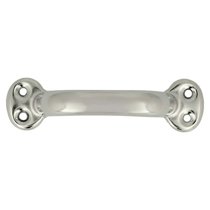 Häfele Tirador para muebles - Tipo de tirador del mueble: Estribo, Distancia entre orificios: 73 mm, Acero, Satinado, Plateado - Primer plano de un tirador plateado para armario con orificios para tornillos. Diseño robusto para muebles y armarios, ideal para renovaciones.