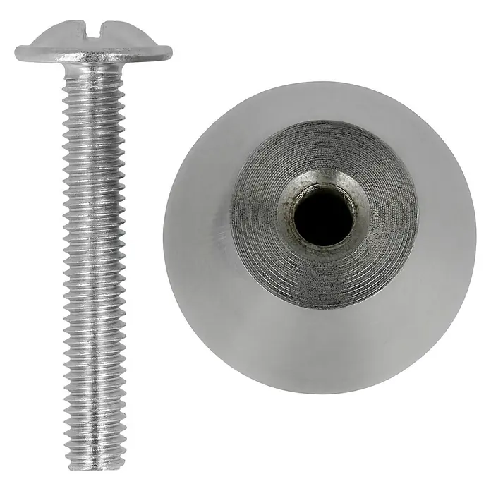 Häfele Pomo para muebles - Tipo de tirador del mueble: Botón, Ø x Al: 20 x 24 mm - Primer plano de una perilla avellanada y un tornillo. La perilla y el tornillo son de metal y tienen un acabado brillante.