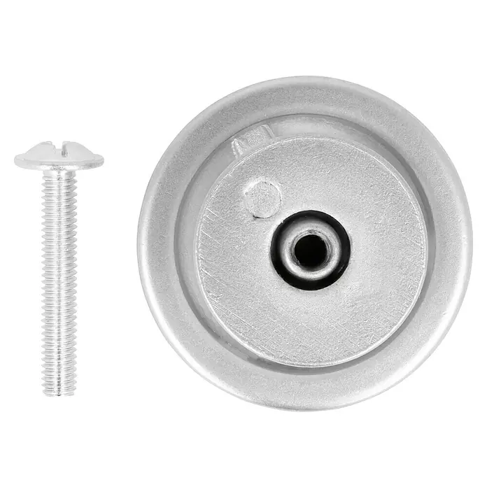 Häfele Möbelknopf - Typ Möbelgriff: Knopf, Aluminium, Vernickelt - Nahaufnahme einer silbernen Senkkopfschraube und einer runden Abdeckung mit einer mittigen Öffnung für eine Schraube.