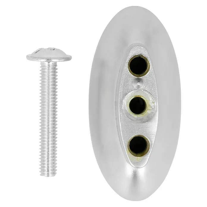 Häfele Tirador para muebles - Tipo de tirador del mueble: Botón, L x An x Al: 25 x 42 x 8 mm, Aluminio, Cromado, Mate - Primer plano de un tornillo y un soporte, ambos distinguidos por su acabado plateado brillante.