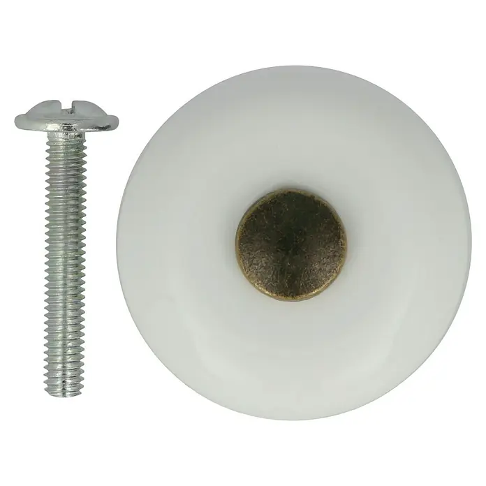 Möbelknopf - Typ Möbelgriff: Knopf, Ø x H: 30 x 30 mm, Porzellan, Weiß/Braun - Nahaufnahme eines weißen Keramikknopfs mit bronzefarbener Basis und einer silbernen Schraube.