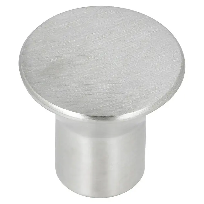 Häfele Pomo para muebles - Tipo de tirador del mueble: Botón, Características del diseño: Acero inoxidable, Ø x L: 20 x 18 mm, Mate - Primer plano de un solo tirador de mueble redondo en acero cepillado, ideal para cajones o puertas de armarios.