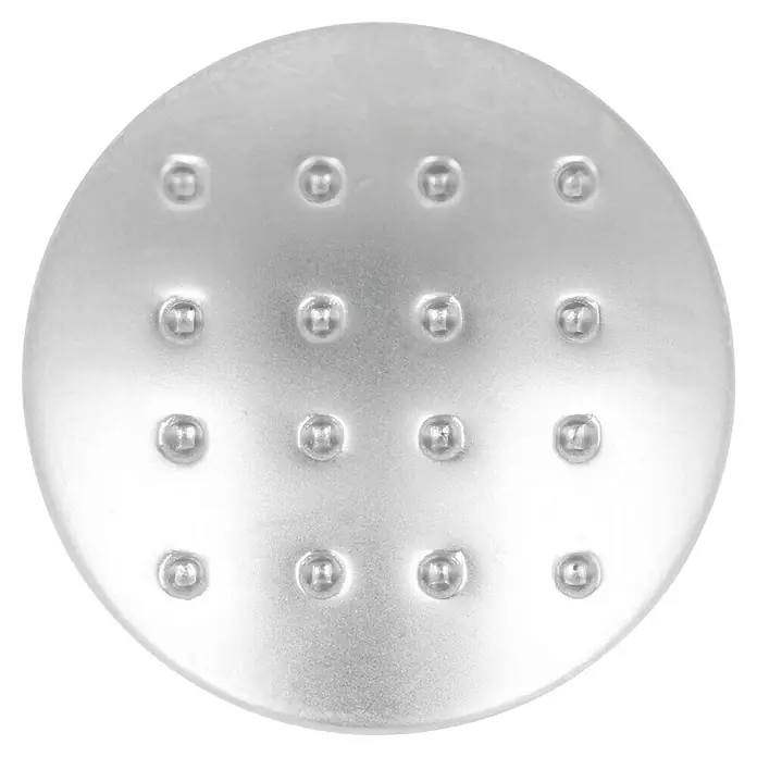 Häfele Pomo para muebles - Tipo de tirador del mueble: Botón, Ø x Al: 28 x 25 mm, Cromado, Mate - Primer plano de una cubierta redonda de color plateado con un patrón de rejilla de pequeños puntos en relieve diseñados para un mejor agarre.