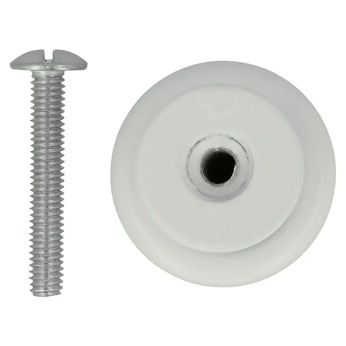 Häfele Pomo para muebles - Tipo de tirador del mueble: Botón, Ø x Al: 25 x 18 mm - Primer plano de un tornillo y un botón de plástico blanco. Ideal para reparaciones de muebles o proyectos de bricolaje.