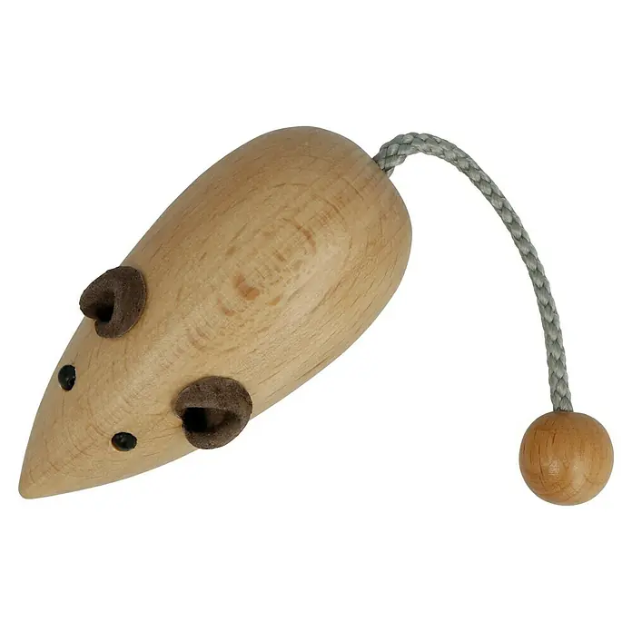 Häfele Tirador para muebles - Tipo de tirador del mueble: Botón, L x An x Al: 73 x 37 x 30 mm, Madera, Lacado - Imagen de un simpático ratón de juguete de madera con cola de cuerda y orejas de fieltro. Un juguete de actividad maravilloso y seguro para tu gato.