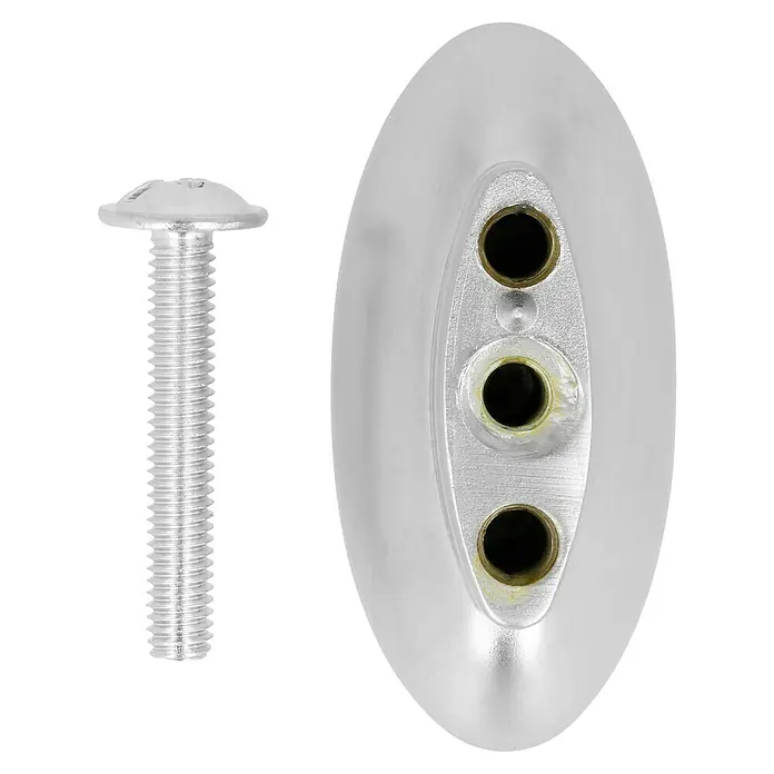 Häfele Tirador para muebles - Tipo de tirador del mueble: Botón, L x An x Al: 25 x 42 x 8 mm, Otros, Niquelado, Mate - Primer plano de un tornillo de color plateado y una placa de montaje a juego con tres orificios.