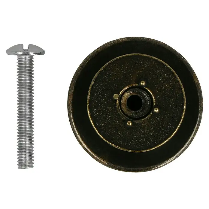 Häfele Pomo para muebles - Tipo de tirador del mueble: Botón, Ø x Al: 30 x 23 mm, Marrón - Primer plano de una cabeza de tornillo ranurada de color plateado junto a un pomo redondo de color bronce con una pequeña abertura central.