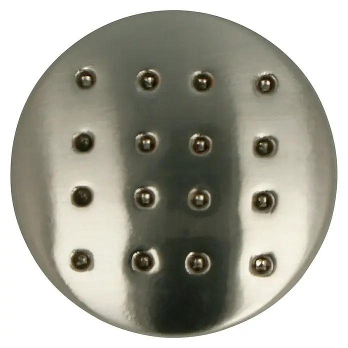 Häfele Pomo para muebles - Tipo de tirador del mueble: Botón, Ø x Al: 28 x 25 mm - Primer plano de un aspersor redondo de color plateado con dieciséis orificios, ideal para distribuir especias de manera uniforme.