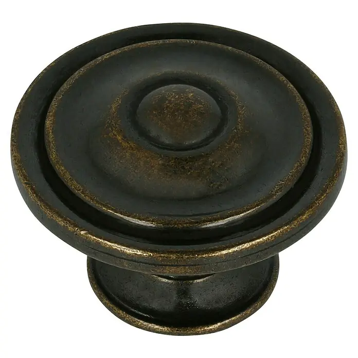 MöbelknopfTyp Möbelgriff: Knopf, Ø x H: 36 x 26 mm, Braun - Nahaufnahme eines verzierten bronzefarbenen Möbelknopfes mit konzentrischen Kreisen, ideal für Schubladen und Schränke.
