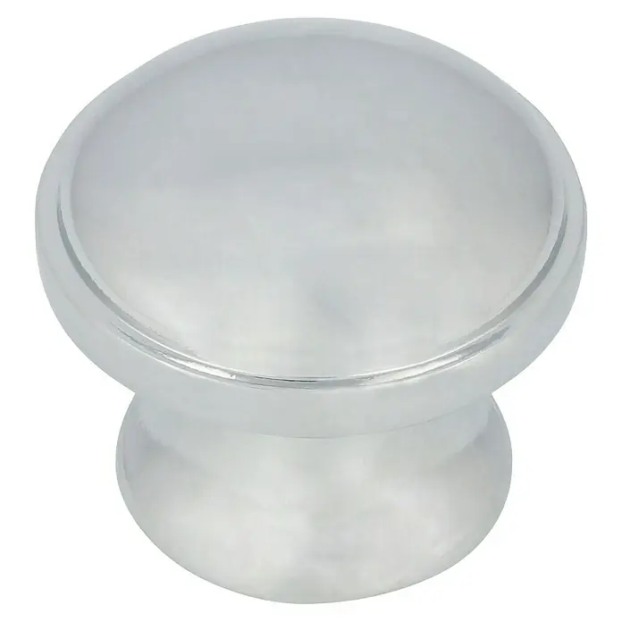 Möbelknopf - Typ Möbelgriff: Knopf, Verchromt, Durchmesser: 25 mm, Schwarz - Nahaufnahme eines transparenten Möbelknopfes mit einem runden, glatten Design auf schwarzem Hintergrund.