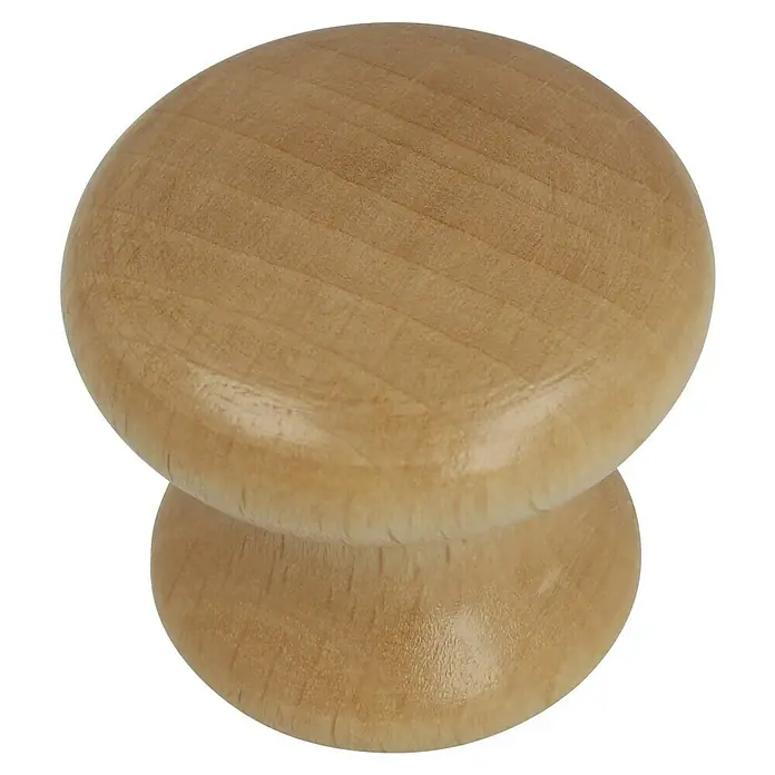Häfele Pomo para muebles - Ø x Al: 40 x 25 mm, Madera, Lacado - Primer plano de un pomo de mueble de madera con un acabado liso y forma redondeada sobre un fondo negro.