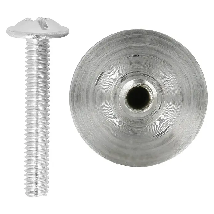 Häfele Pomo para muebles - Tipo de tirador del mueble: Botón, Ø x Al: 20 x 30 mm - Primer plano de un tornillo avellanado ranurado de metal y una arandela coincidente, ideales para trabajos de montaje de precisión.