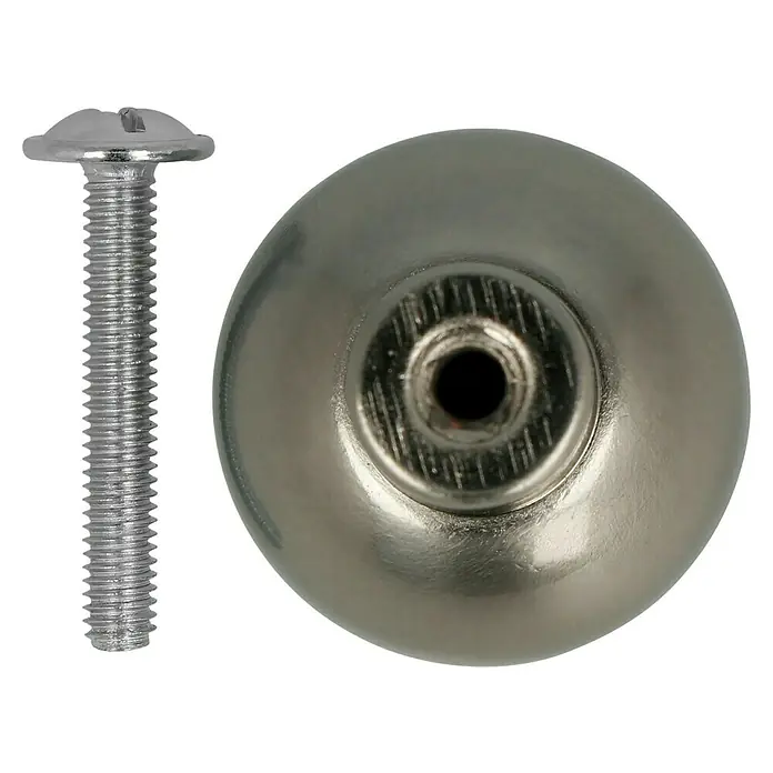Häfele Pomo para muebles - Tipo de tirador del mueble: Botón, Ø x Al: 28 x 25 mm - Primer plano de un tornillo de botón plateado y un pomo redondo sobre un fondo negro.