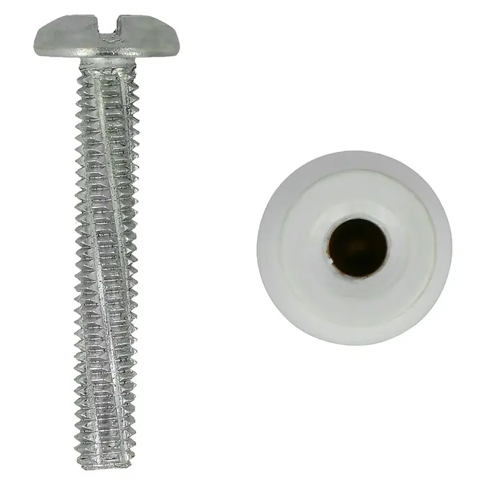 Häfele MöbelknopfTyp Möbelgriff: Knopf, Durchmesser: 12 mm - Eine Nahaufnahme eines Flachkopfschlitzschraube und einer weißen Hutmutter auf schwarzem Hintergrund.
