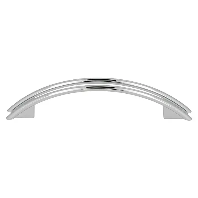 Häfele Tirador para muebles - Tipo de tirador del mueble: Estribo, L x An x Al: 124 x 12 x 28 mm, Otros, Cromado, Distancia entre orificios: 96 mm - Primer plano de un tirador de arco de metal pulido. Ideal para muebles modernos, este tirador curvado ofrece elegancia y funcionalidad.