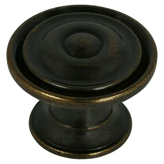 Häfele Pomo para muebles - Tipo de tirador del mueble: Botón, Ø x Al: 30 x 23 mm, Marrón - Primer plano de un tirador de mueble decorativo con un aspecto vintage y pátina dorada, ideal para armarios o cajones.