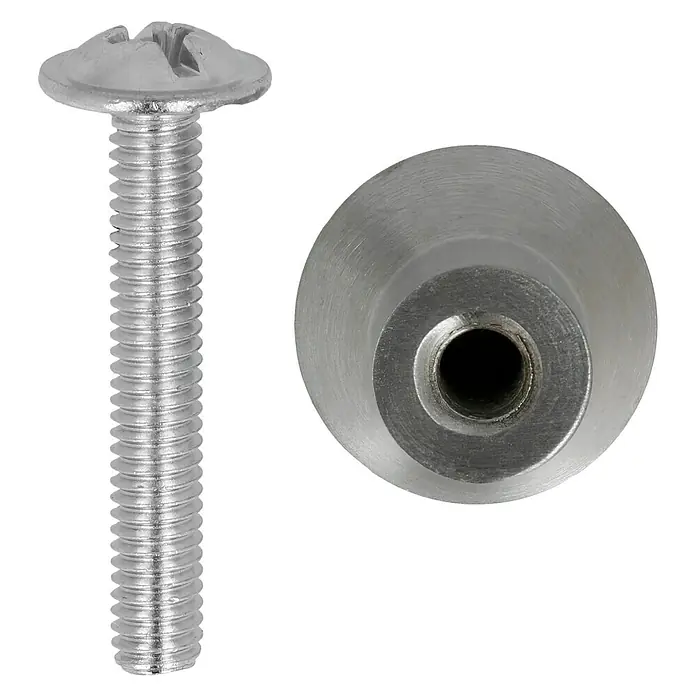 Häfele Möbelknopf - Typ Möbelgriff: Knopf, Ausführungseigenschaft: Edelstahl, Ø x L: 15 x 15 mm, Matt - Nahaufnahme einer Schraube und eines Gewindeeinsatzes. Die Schraube hat einen Schlitzschraubenkopf und ein glänzendes Gewinde.