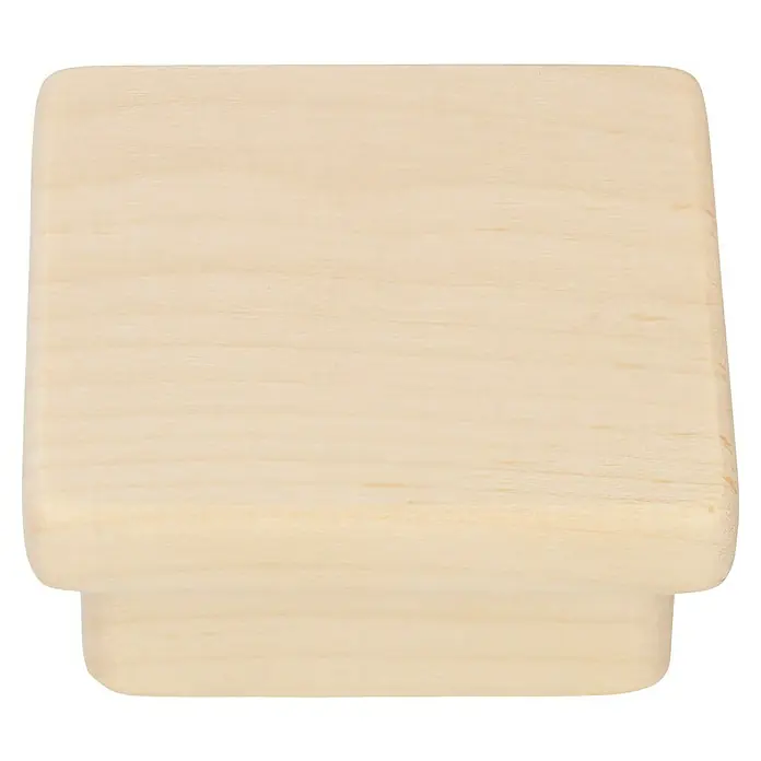 Häfele Pomo para muebles - Tipo de tirador del mueble: Botón, Ø x Al: 21 x 21 mm, Madera, Lacado, Madera de arce - Primer plano de un tirador de madera en forma de cubo, que muestra la veta natural de la madera y su color claro. Ideal para proyectos de manualidades.